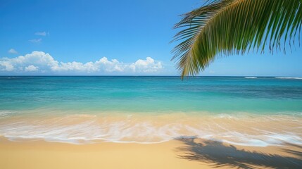 dreamy beach scene with turquoise waters and golden sand palm tree silhouette