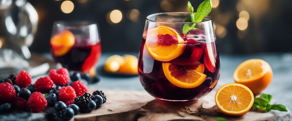 A large wine glass filled with ruby red sangria, packed with slices of oranges, lemons, and berries
