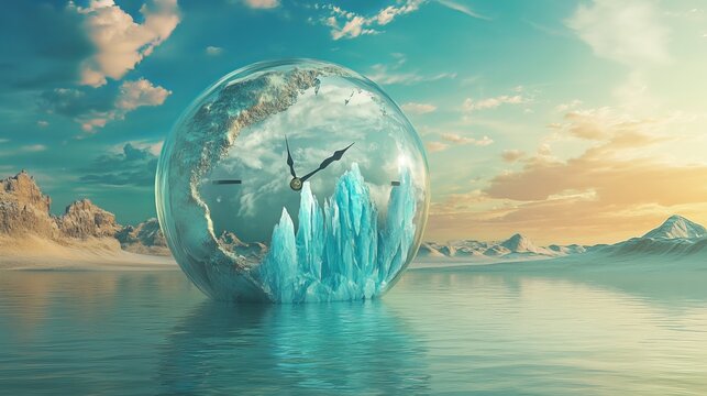 An iceberg glacier melting inside a glass clock, with a drop of water and a desert scene. This symbolizes global warming, the drying up of rivers and lakes, and the urgent need to save the planet.