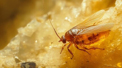 Baltic amber containing a trapped insect, showcasing an animal preserved within the gemstone. Macro photography highlights the fossilized tree resin, revealing its natural beauty. 