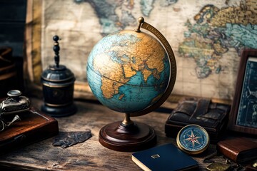 An antique globe rests atop a wooden desk, surrounded by vintage maps and travel artifacts, creating a warm and inviting atmosphere for exploration