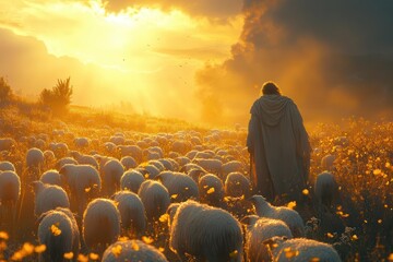ethereal shepherd in flowing robes guides flock through sundappled meadow divine light beams illuminating peaceful scene celestial atmosphere