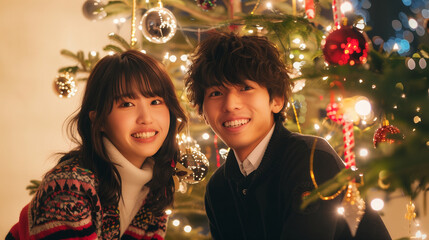 クリスマスを楽しむ若いアジア人のカップル