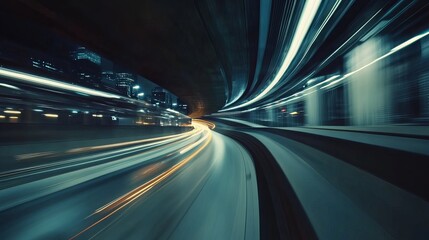 Motion time of a high-speed night drive through a big city, ending in an underground parking garage. The side view from the car window shows light trails from vehicles and street lights.