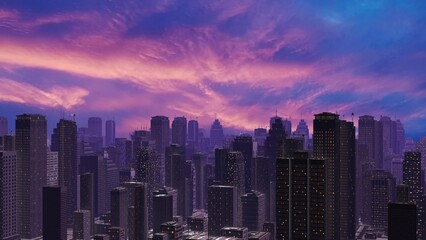 Obraz premium Panorama of abstract city skyline with pink sky reflection on modern skyscrapers