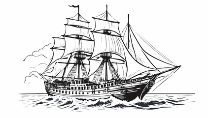 Pirate Ship Sailboat Sketch Hand Drawn Engraving - Old Drawing Boat Water Travel Vintage Art Illustration Sea Retro Ocean
