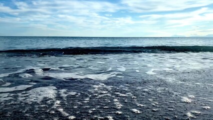 Seascape with water surface texture, foamy waves close-up