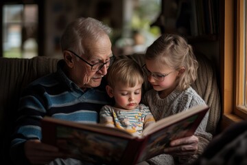 A photograph of grandparents reading a story to their grandchildren in a cozy corner of the house, with bonding and warmth