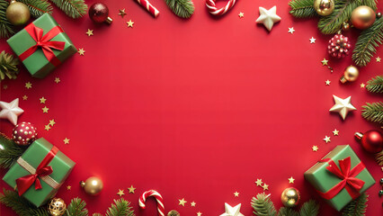 Christmas background with fir tree branches, gift boxes, christmas decorations and snowflakes. Top view with copy space