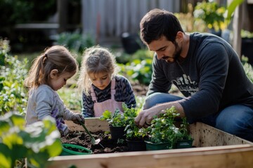 A photograph of parents and children gardening together in the backyard, with dirt, plants, and bonding