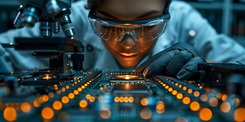 Scientist examining a microchip under a microscope in a high-tech lab, showcasing precision, technology, and innovation in electronics and research