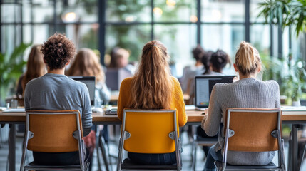 Three people sitting at a table with their backs to the camera