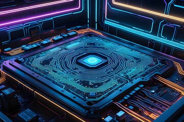 A computer chip is shown in a neon blue color