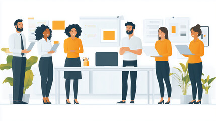 A group of office workers, including a manager, standing around a laptop on a desk, reviewing a presentation before an important meeting.