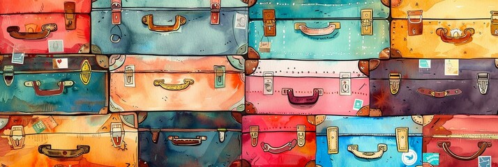 colorful watercolor suitcases of different designs and features stacked in rows. travel, tourism industry, vintage theme, packing tips, journeys or adventures, luggage, trip planning concept.