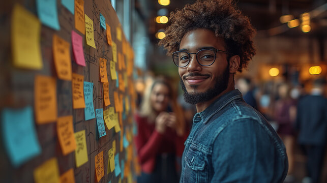 Office workers standing in a circle, each holding a sticky note with their ideas, placing them on a large board to prioritize tasks.