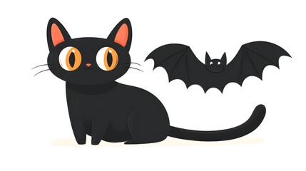 Obraz premium A black cat with a bat-shaped mask, Halloween decoration, flat design, cartoonish style, whimsical, isolated on white background