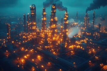 Fototapeta premium futuristic petrochemical facility glowing against a night sky intricate network of pipes towers and flares create a mesmerizing industrial landscape