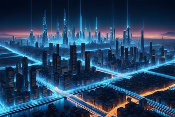 Naklejka premium A cityscape with a blue sky and a cityscape with a blue sky