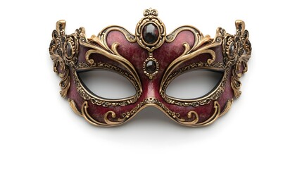 A luxurious vampire mask with red velvet and gold accents, Halloween party fashion, photorealistic detail, isolated on white background