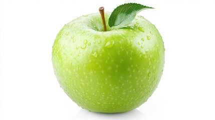 A single green apple with a leaf on top, covered in water droplets, isolated on a white background.