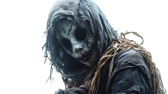 A haunted scarecrow with tattered clothes wearing a sinister Halloween party mask, eerie atmosphere, realistic horror style, isolated on white background