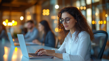 Fototapeta premium Group of colleagues working in an open-plan office, with a close-up of a focused woman typing on her laptop, the ambient lighting and modern design reflect a contemporary and effic