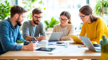 Fototapeta premium Group of professionals brainstorming in a cozy office setting, with a mix of digital devices and paper documents, the team members are focused and engaged, highlighting the importa
