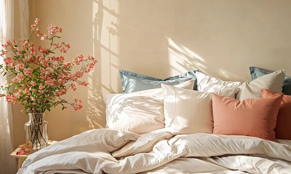 a bed with a white comforter and a vase of flowers