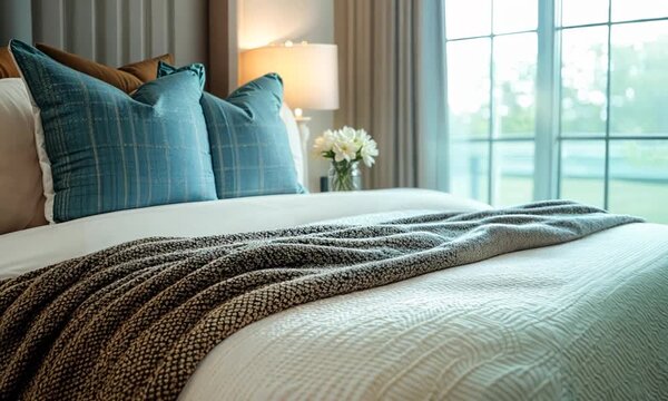 a bed with pillows and a blanket on top of it