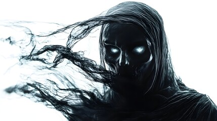 Fototapeta premium Classic ghost with a Halloween party mask, glowing eyes, otherworldly presence, subtle gothic tones, isolated on white background