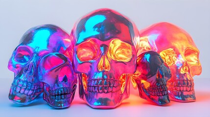 Glowing skull featuring a collection of eerie Halloween masks, 3D render, vivid neon hues, isolated on white background