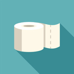 White toilet paper roll casting long shadow on turquoise background, simple flat vector illustration