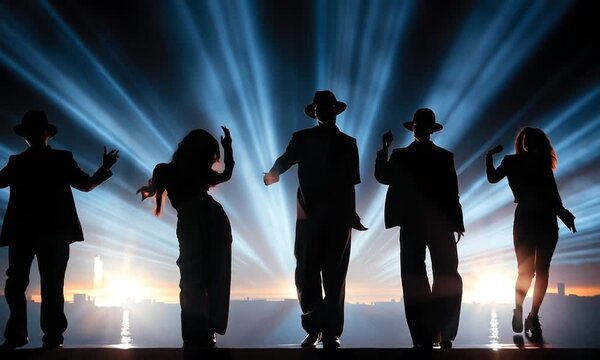 A group of people are dancing in the dark with bright lights shining on them. Scene is energetic and lively