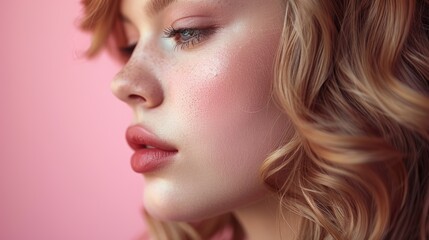 Fototapeta premium Young woman with curly hairstyle poses against a pink background during daylight