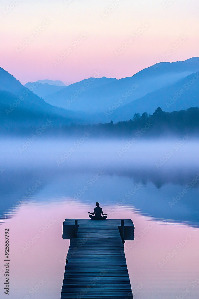 Wall mural serene lakeside scene at dawn, a person practicing tai chi on a wooden dock, mist rising from the water, the distant mountains bathed in soft morning light