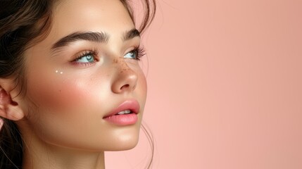 Fototapeta premium Young woman with glowing skin and natural makeup against a soft pink background