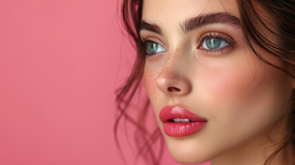Fototapeta premium Young woman with flawless skin and vibrant makeup poses against a pink background