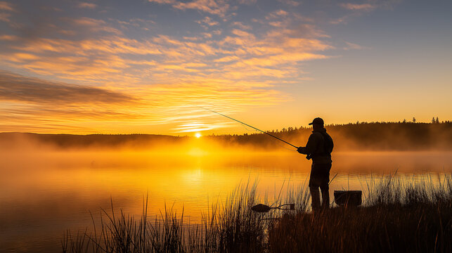 silhouette of a fisherman on sunset