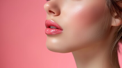 Fototapeta premium Close-up of a woman's lips and chin with soft pink blush against a pastel pink background in a beauty-focused setting