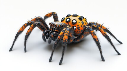 A spider with multiple eyes and a Halloween mask, 3D rendering, realistic texture, isolated on white background