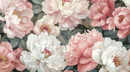 A beautiful floral pattern featuring soft pink and white peonies. Perfect for greeting cards, wallpaper, and decorative projects.
