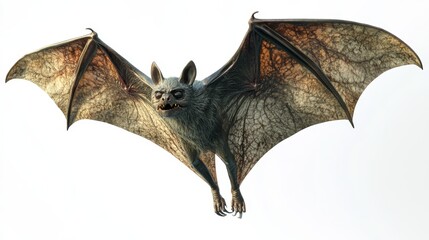 Fototapeta premium A vampire bat soaring with wings wide open, adorned with a Halloween mask, realistic 3D render, eerie atmosphere, isolated on white background