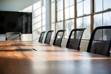 Modern conference room with wooden table, black chairs, and natural light