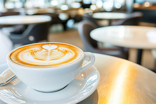 A close-up of a beautifully crafted latte art in a white cup on a modern table in a stylish cafe setting.