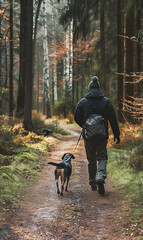 A person with his pet in the park walking happily, a person walking down a forest path with their dog on a leash. The scene is set in a misty, dense forest, with tall trees on either side of the path.