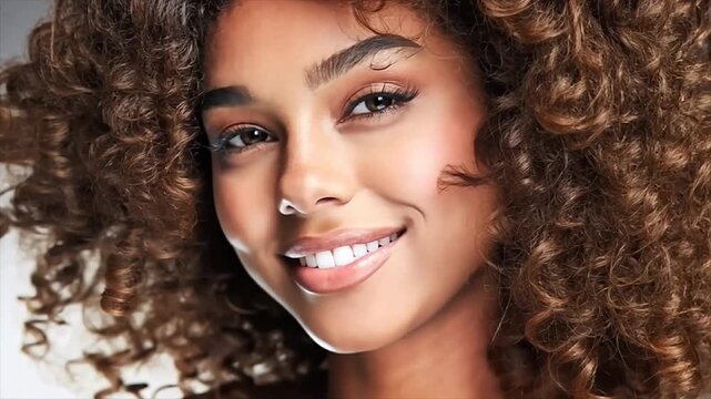 Young woman speaking. Curly brown hair, natural beauty, healthy skin, confident smile