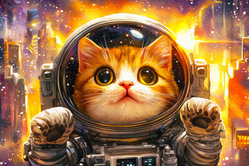 A cute orange cat in an astronaut suit, exploring a vibrant galaxy filled with stars and futuristic cityscapes.