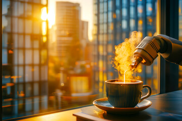 A robotic arm pouring steaming coffee into a cup against a backdrop of a city skyline at sunset.