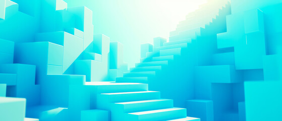 A serene, abstract landscape featuring luminous blue cubes and a stairway leading into a bright, tranquil future.